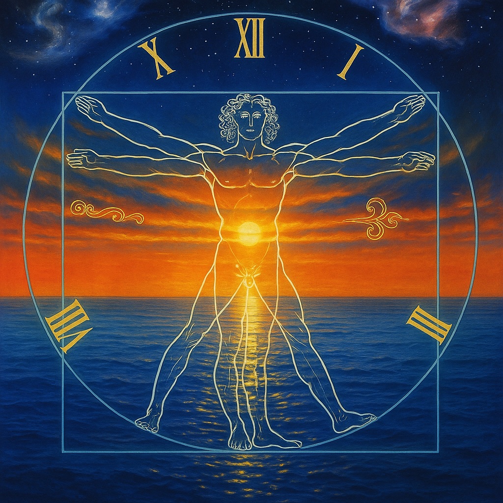 Pintura: el hombre de Vitruvio sobre un mar al atardecer, dentro de un reloj de números romanos