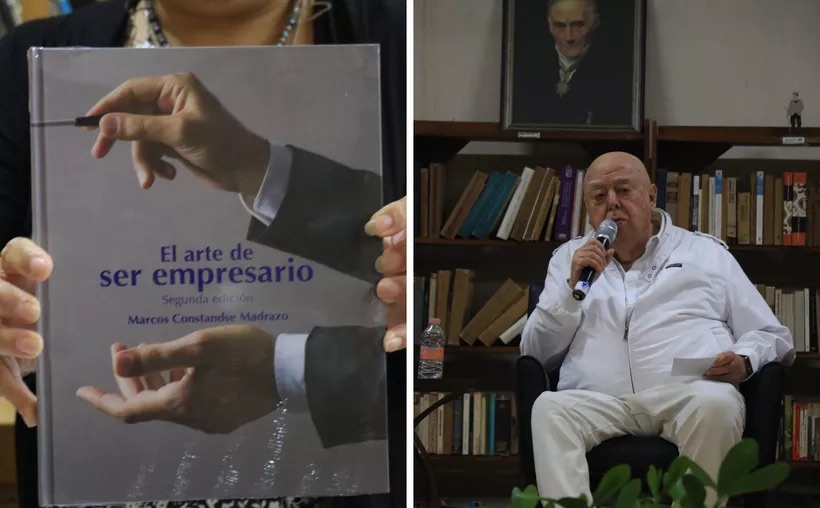 A la izquierda, manos sostienen el libro El arte de ser empresario; a la derecha, Marcos Constandse habla con micrófono ante un librero